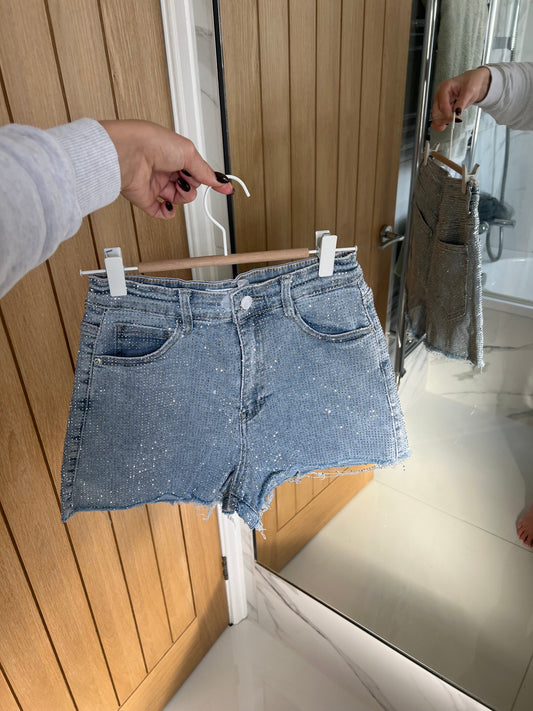 Stretchy Diamantรฉ Denim Shorts