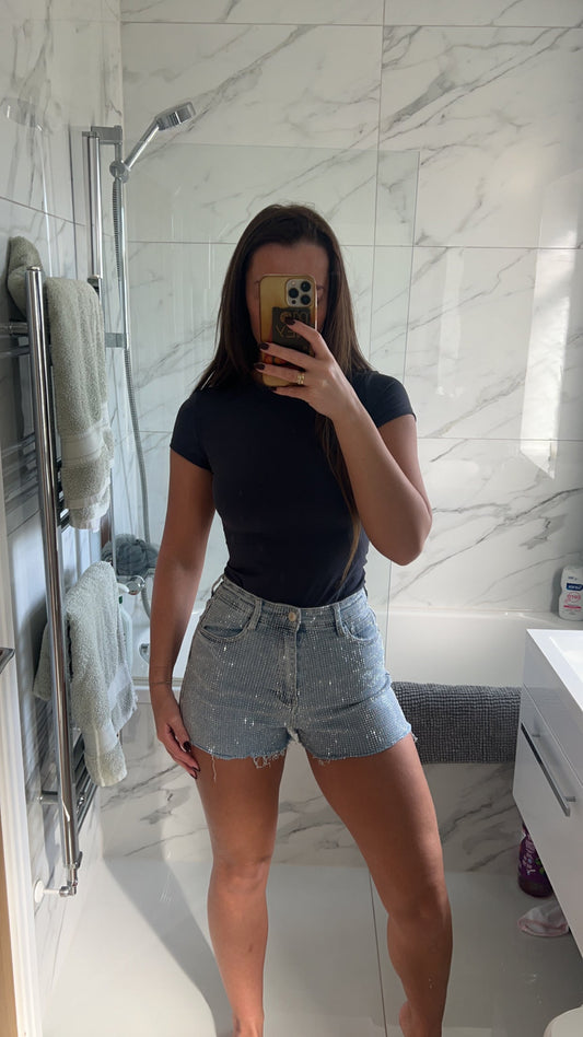 Stretchy Diamantรฉ Denim Shorts