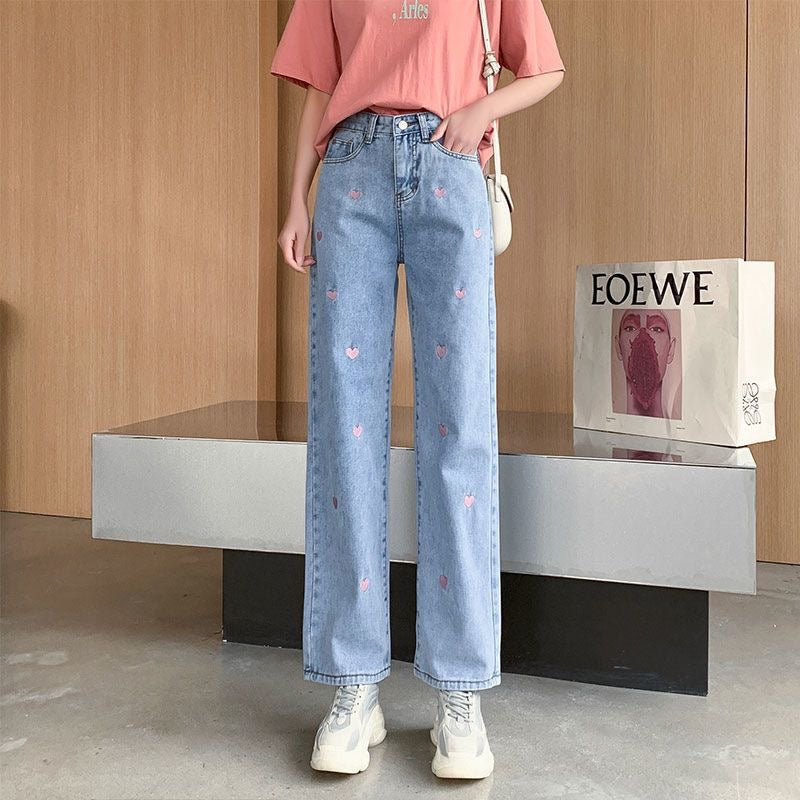 Pink Heart Embroidered Straight Fit Denim Jeans