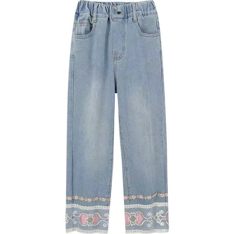Vintage Floral Embroidered Denim Pants