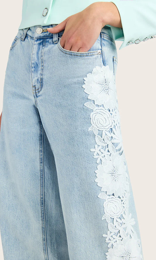 Ice Blue Floral Lace Wide-Leg Jeans πΈπ