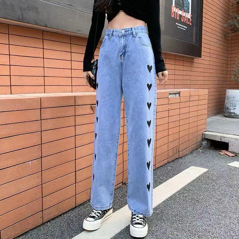 Black Heart Embroidered Straight Fit Denim Jeans