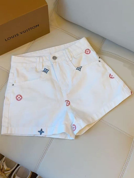Luxe Monogram White Denim Shorts π€
