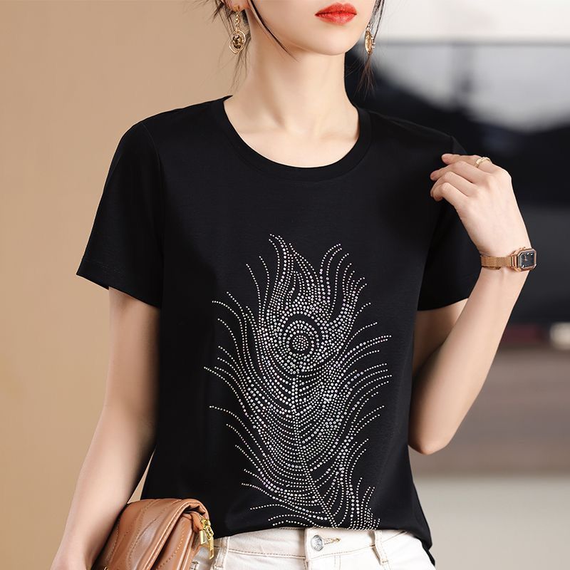 Stylish Rhinestone Peacock Feather T-Shirts 👕
