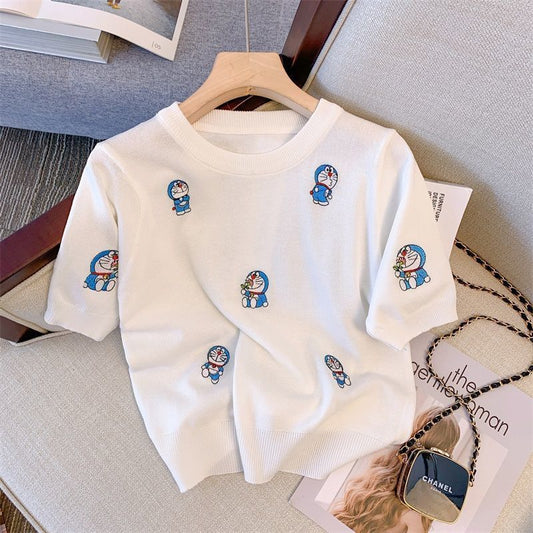 Cute Doraemon Embroidered T-Shirt for Women