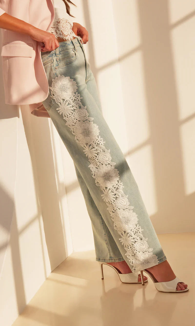 Ice Blue Floral Lace Wide-Leg Jeans πΈπ