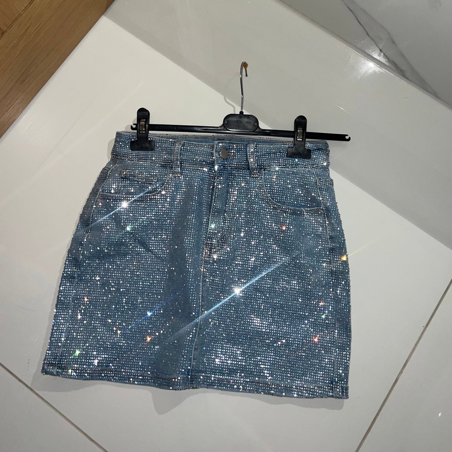 Stretchy Diamanté Denim Mini Skirt