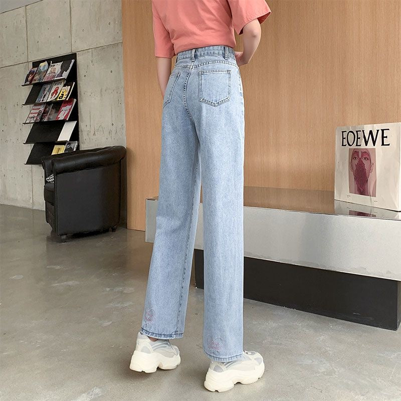 Pink Heart Embroidered Straight Fit Denim Jeans