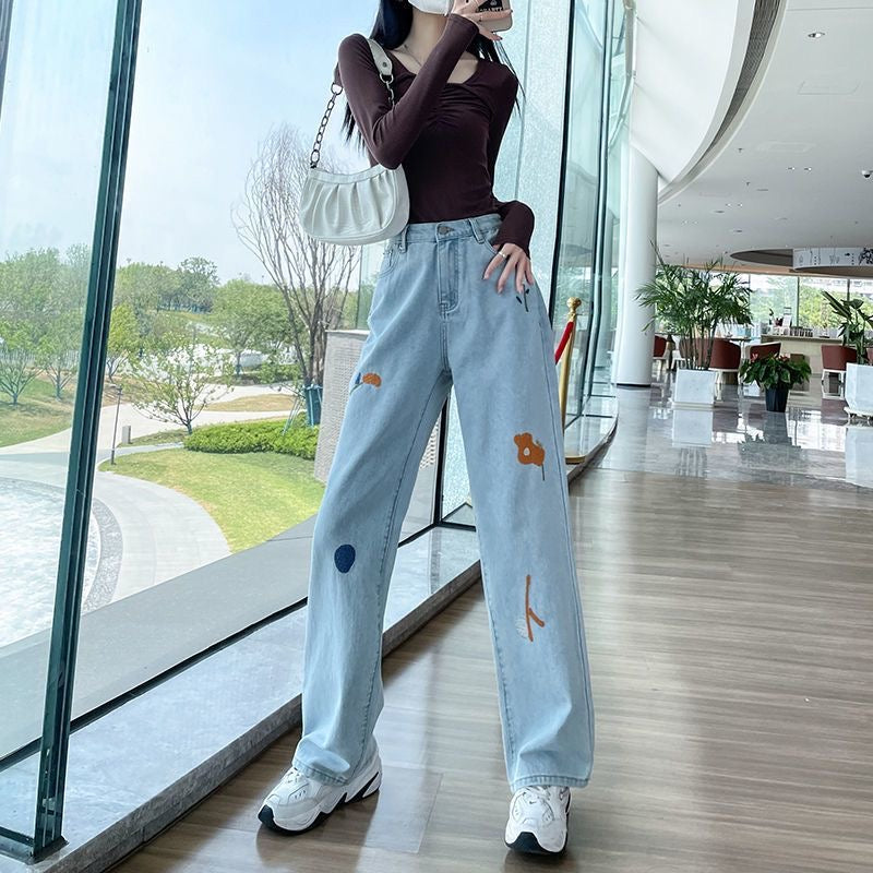 Doodle Embroidered Straight Fit Denim Jeans