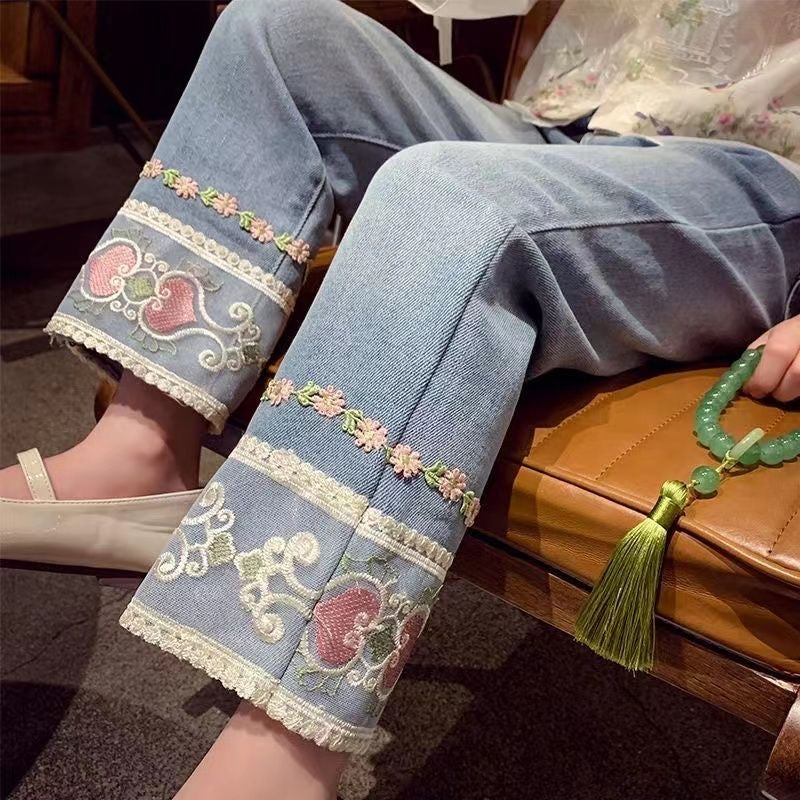 Vintage Floral Embroidered Denim Pants