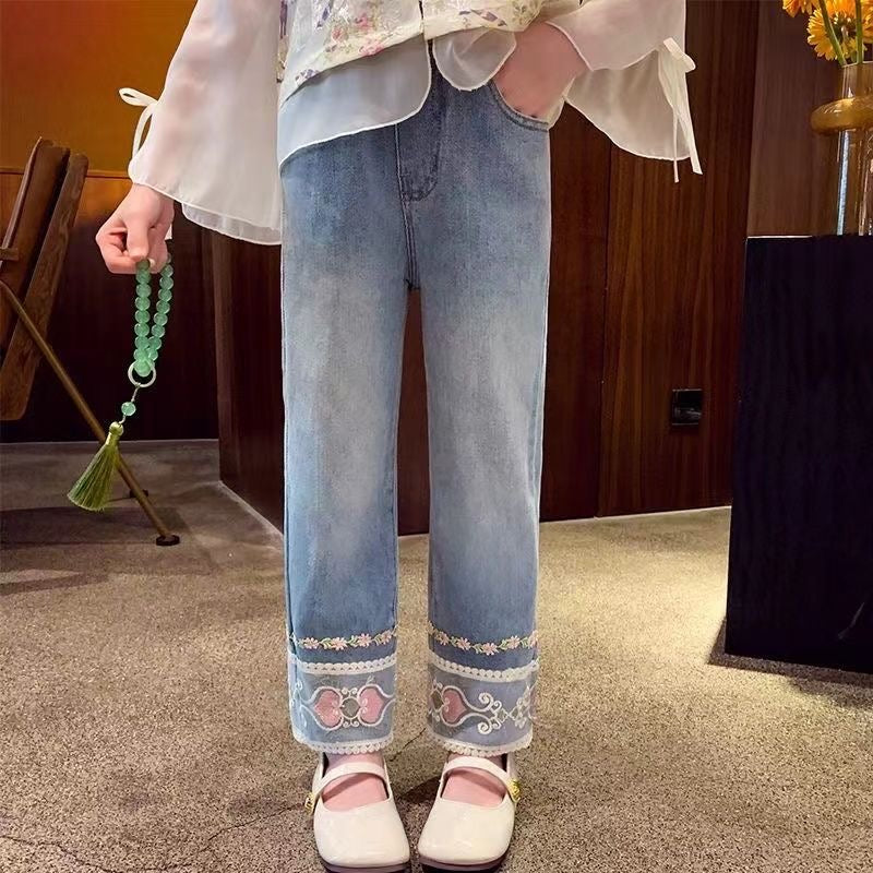 Vintage Floral Embroidered Denim Pants