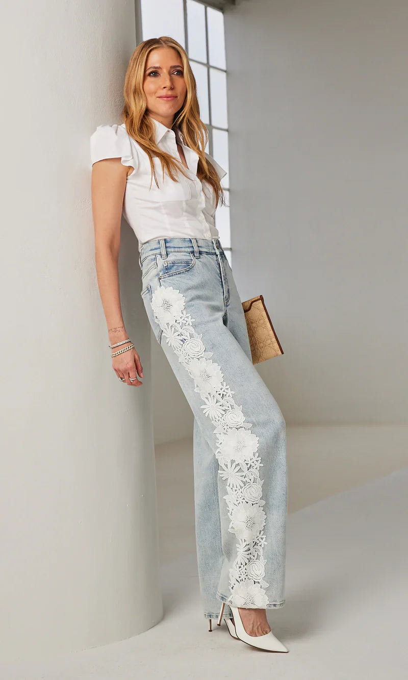 Ice Blue Floral Lace Wide-Leg Jeans 🌸👖