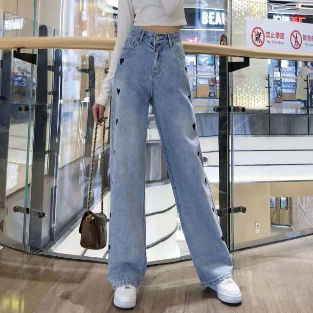 Black Heart Embroidered Straight Fit Denim Jeans