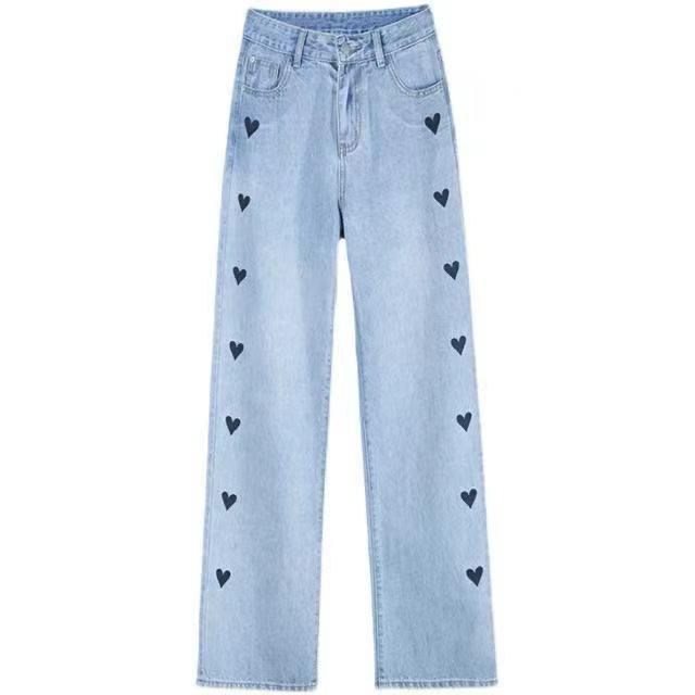Black Heart Embroidered Straight Fit Denim Jeans