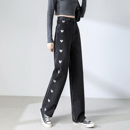 Black Heart Embroidered Straight Fit Denim Jeans