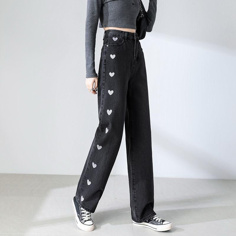 Black Heart Embroidered Straight Fit Denim Jeans