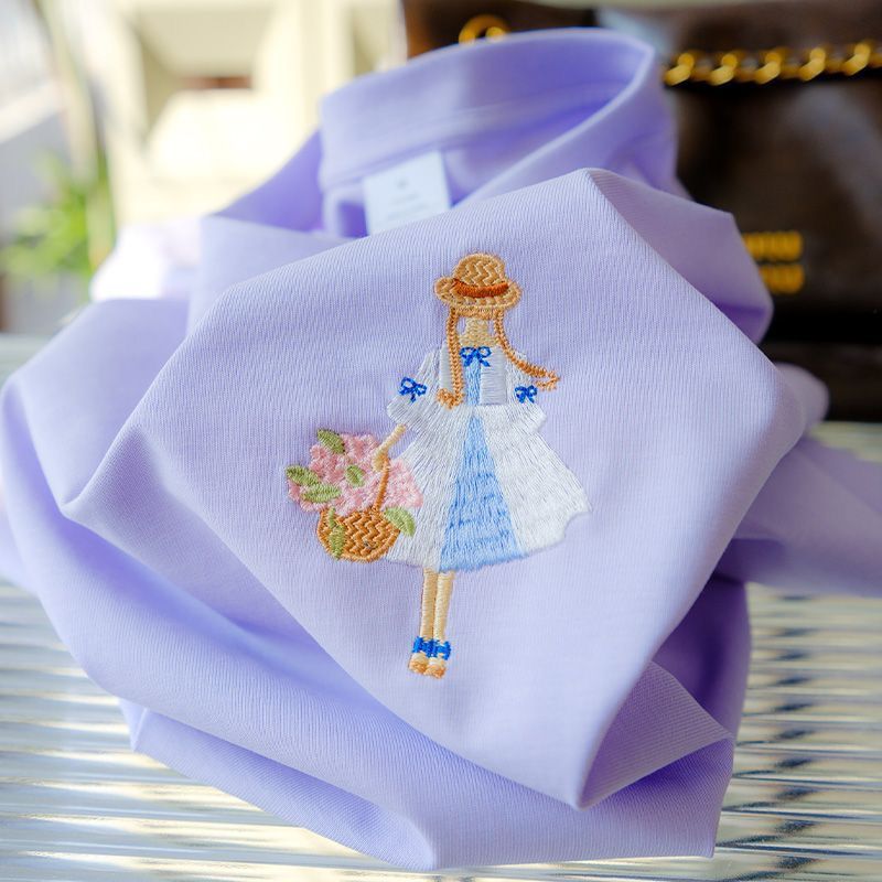 Embroidered Girl with Basket T-Shirt 🌸