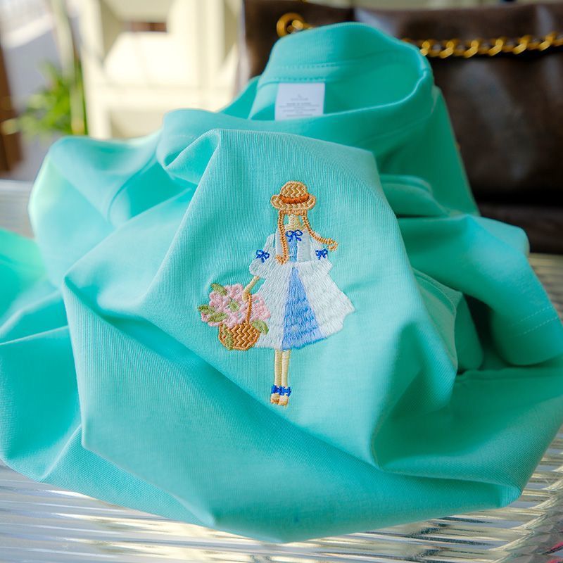 Embroidered Girl with Basket T-Shirt 🌸