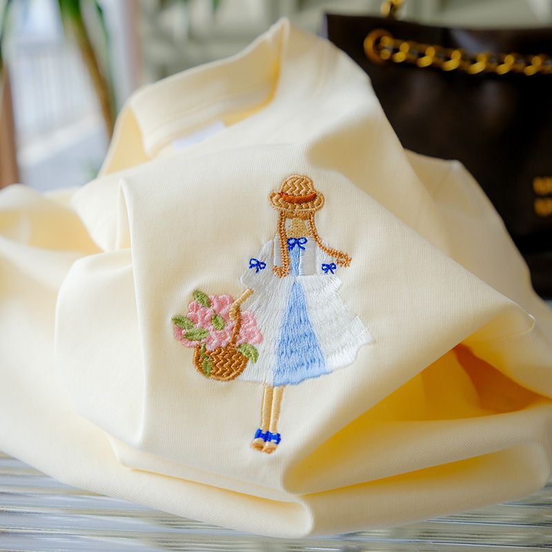 Embroidered Girl with Basket T-Shirt 🌸