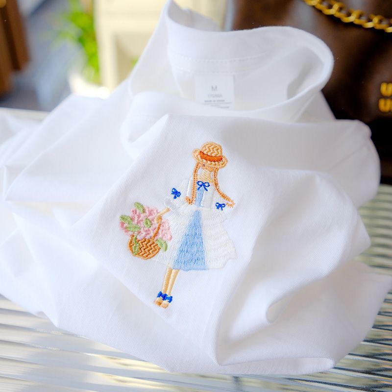 Embroidered Girl with Basket T-Shirt 🌸