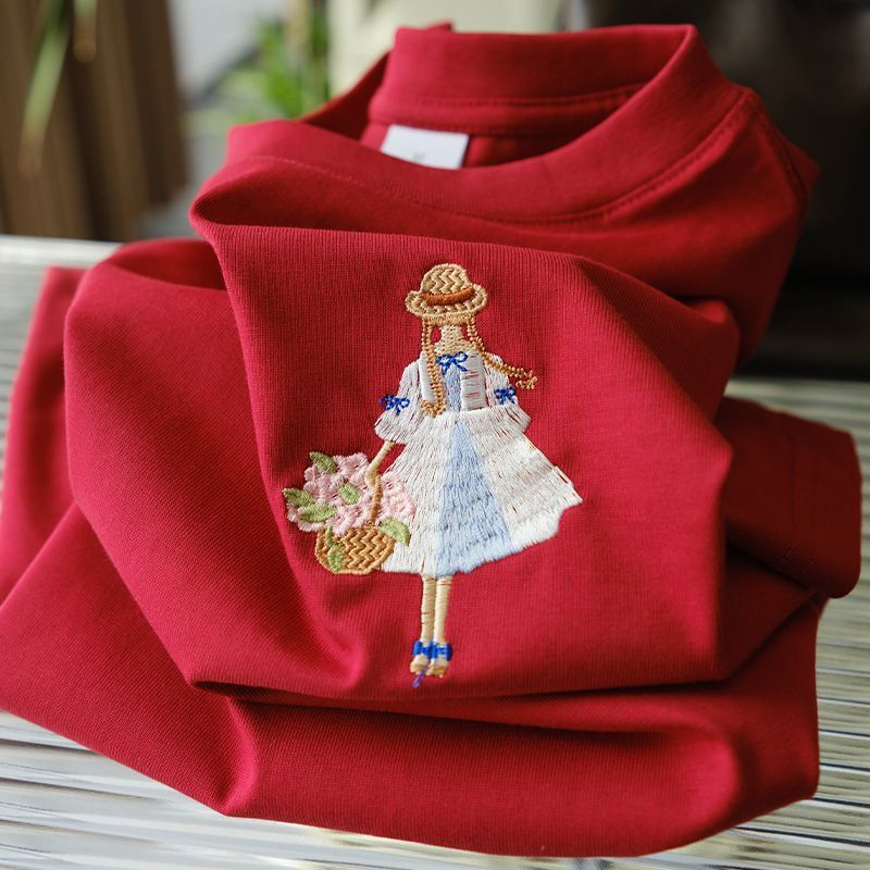 Embroidered Girl with Basket T-Shirt 🌸