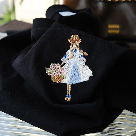 Embroidered Girl with Basket T-Shirt 🌸