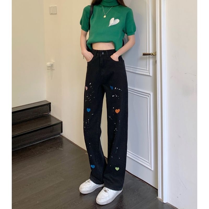 Trendy Heart Print Wide-Leg Jeans