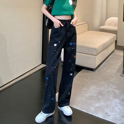 Trendy Heart Print Wide-Leg Jeans