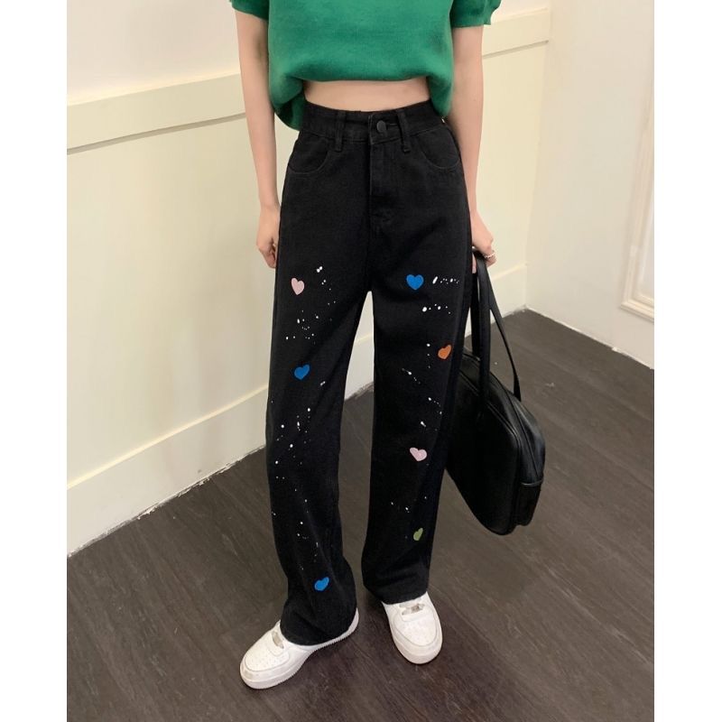 Trendy Heart Print Wide-Leg Jeans