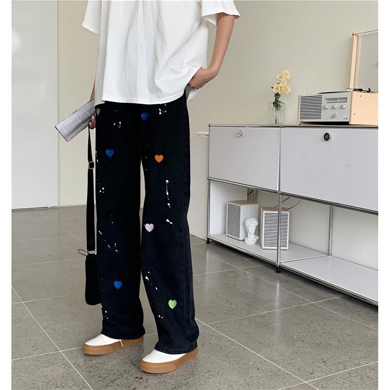 Trendy Heart Print Wide-Leg Jeans