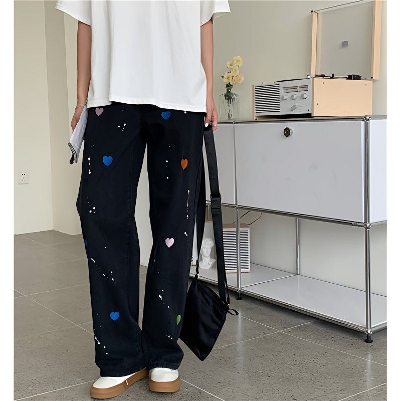 Trendy Heart Print Wide-Leg Jeans