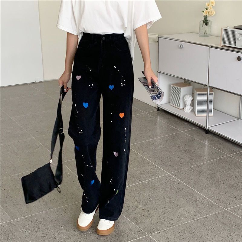 Trendy Heart Print Wide-Leg Jeans