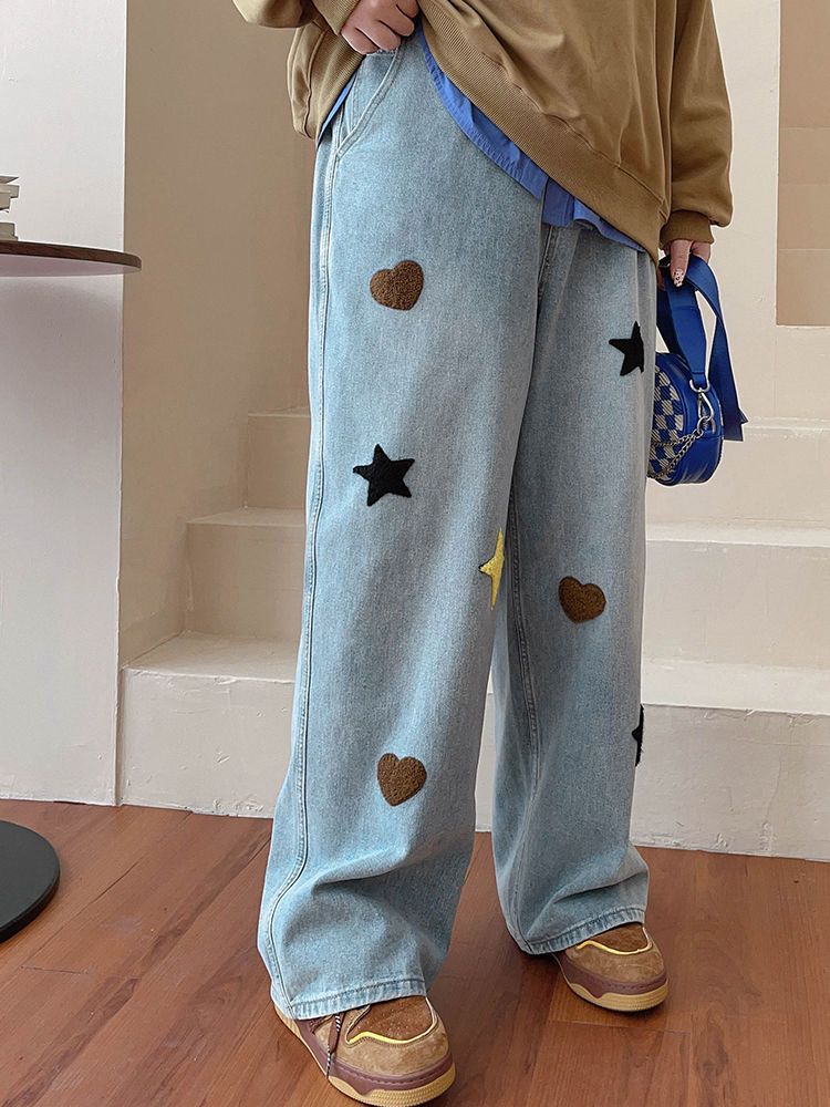 Star & Heart Patch Wide-Leg Denim Jeans 🌟❤️👖