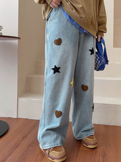 Star & Heart Patch Wide-Leg Denim Jeans 🌟❤️👖