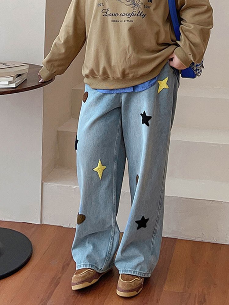 Star & Heart Patch Wide-Leg Denim Jeans 🌟❤️👖