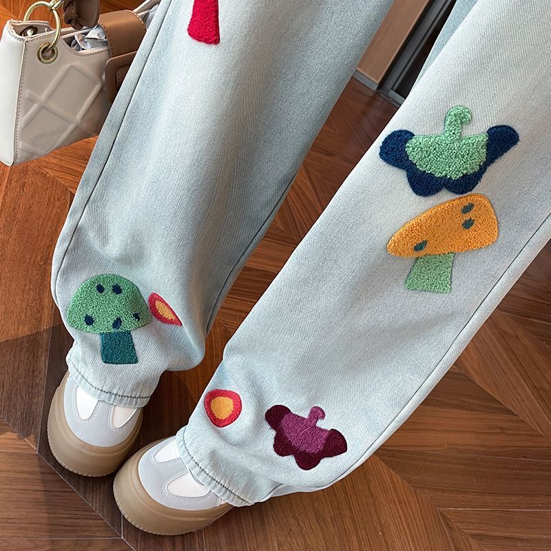 Whimsical Mushroom Denim Jeans 🍄❤️👖