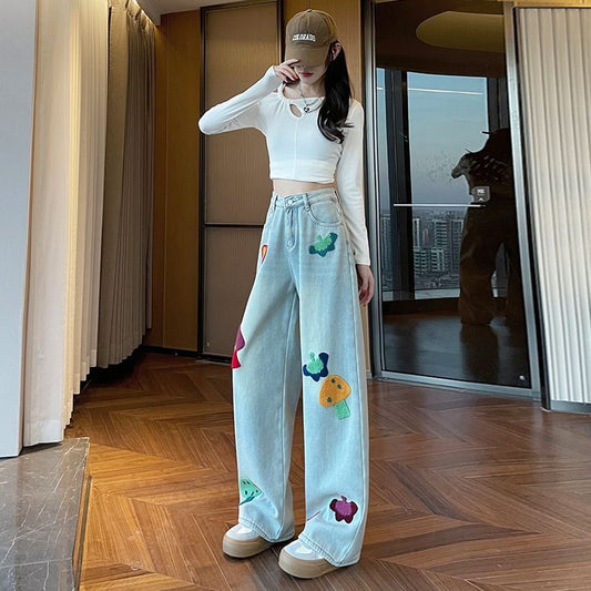 Whimsical Mushroom Denim Jeans 🍄❤️👖