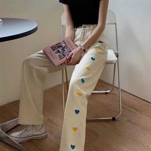 Creamy Heart Patch Straight-Leg Pants 🤍💛💙