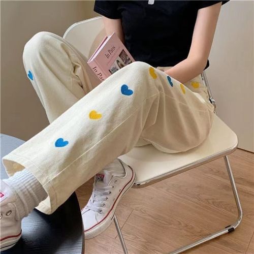 Creamy Heart Patch Straight-Leg Pants 🤍💛💙