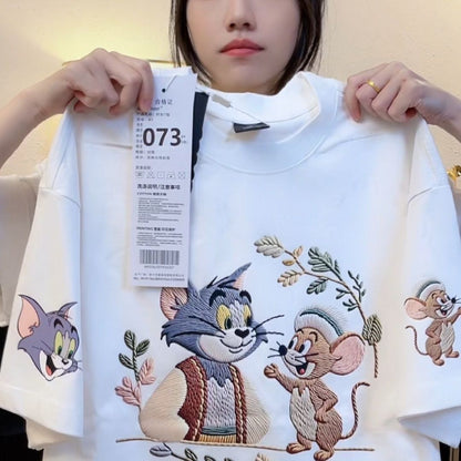 Tom & Jerry Embroidered Cartoon Tee 🐭🐱✨