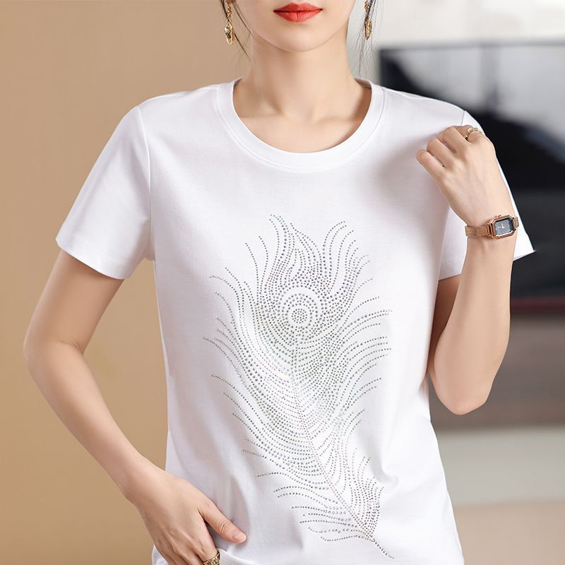 Stylish Rhinestone Peacock Feather T-Shirts 👕