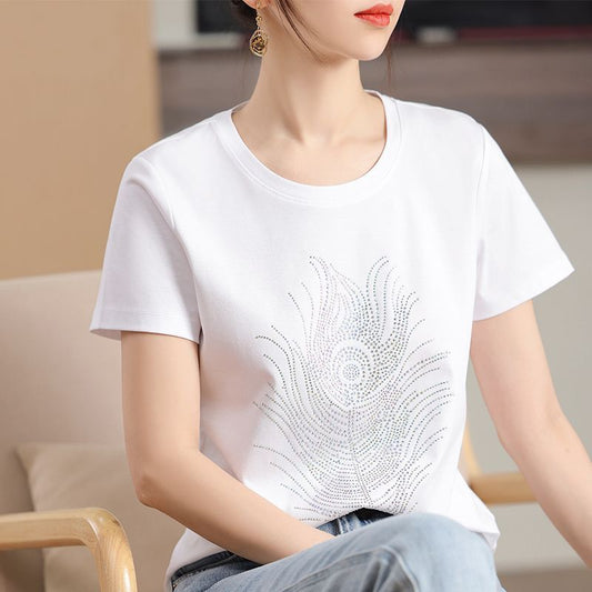 Stylish Rhinestone Peacock Feather T-Shirts 👕