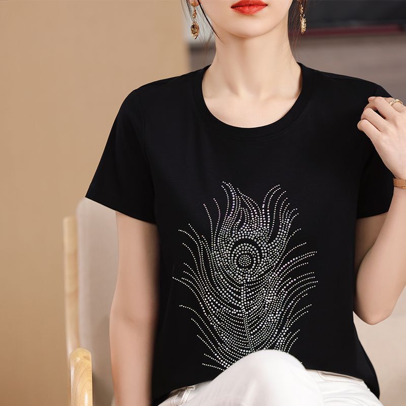 Stylish Rhinestone Peacock Feather T-Shirts 👕