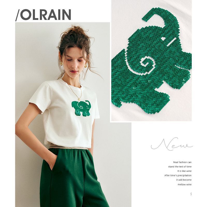 Elegant Green Elephant Sequin White T-Shirt for Women