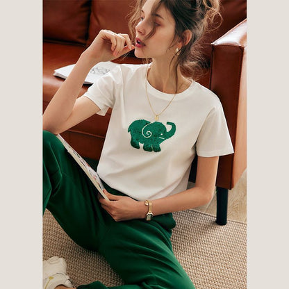 Elegant Green Elephant Sequin White T-Shirt for Women
