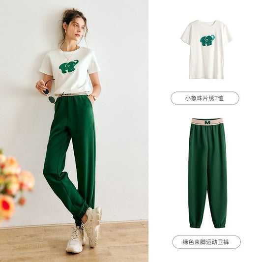 Elegant Green Elephant Sequin White T-Shirt for Women