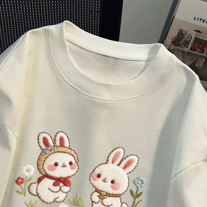 Cute Bunny Embroidered Oversized T-Shirt