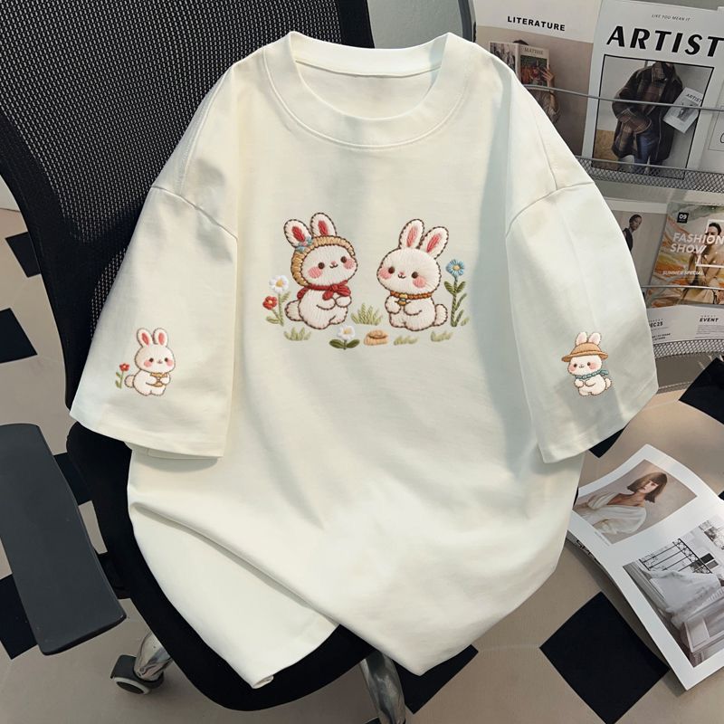 Cute Bunny Embroidered Oversized T-Shirt