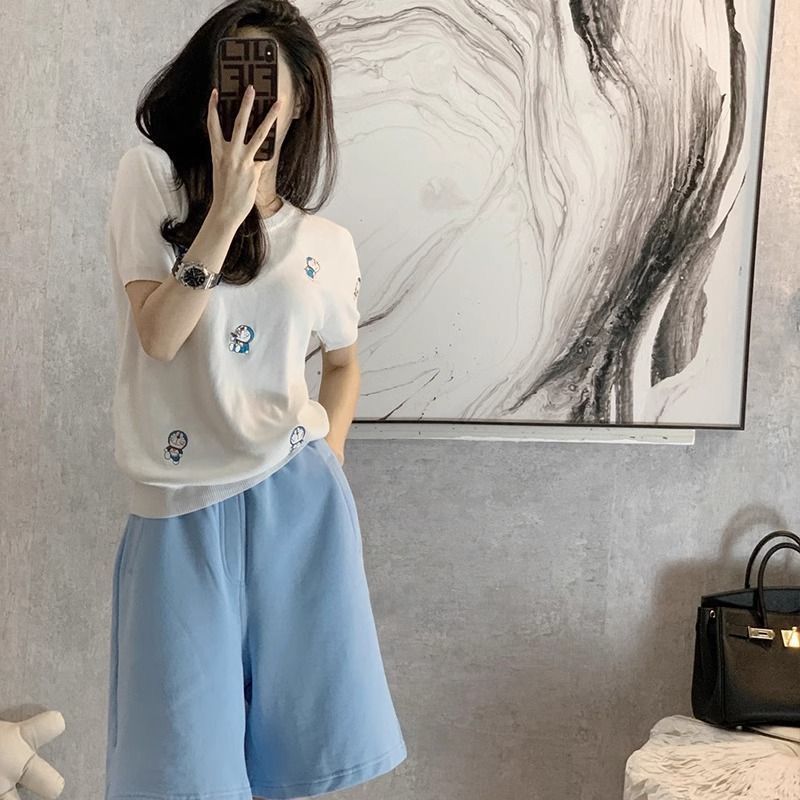 Cute Doraemon Embroidered T-Shirt for Women