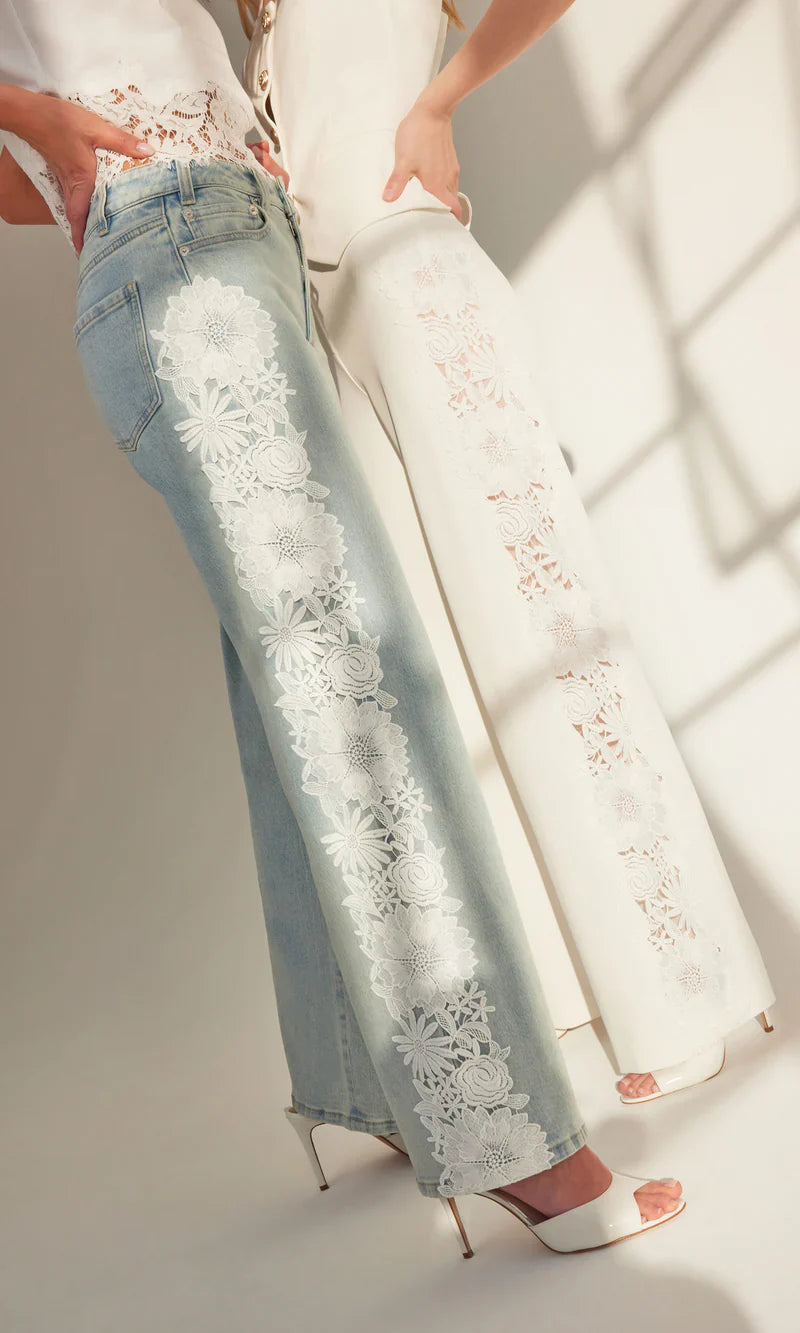 Ice Blue Floral Lace Wide-Leg Jeans 🌸👖